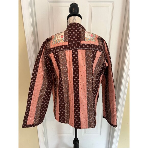 Vintage Handmade Quilt Jacket Brown Pink Floral Cat Mouse Zip Pockets Cottage - Picture 5 of 11